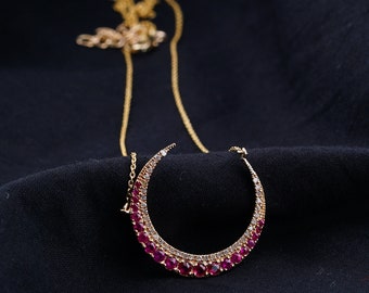 Natural Ruby Gemstone CRESCENT MOON Pendant Necklace Solid 14k Gold Real Diamond Pave Jewelry Wedding Birthday Gift Religious