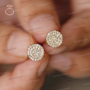 Pave Diamant 8 MM Disc Runde Ohrstecker Ohrringe Solid 14k Gelbgold Fine Schmuck Geschenk für sie Minimalist Ohrringe Pushback Schmuck neu