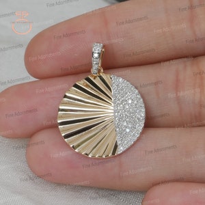 Solid 14k Yellow Disc Pendant Handmade Pave Diamond Big Sunburst Jewelry Gift For Her Half Diamond Charm Pendant Sunbeam Necklace 20 MM New