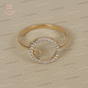 Solid 14k Yellow Gold Diamond Circle Ring Real Pave Diamond Open Circle Ring Gold Diamond Jewelry Dainty Minimalist Open Circle Diamond Ring