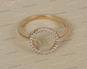Anillo circular de diamantes de oro amarillo macizo de 14 k Anillo circular abierto de diamantes pavé reales Joyas de diamantes de oro Anillo circular abierto minimalista delicado de diamantes
