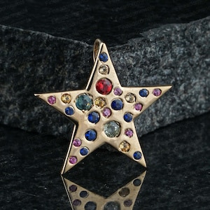 Solid 14k Yellow Gold Star Charm Pendant Multi Sapphire Gemstone  Back Loop Designer Wedding Jewelry Unisex Star Lover Pendant 20X20 MM New