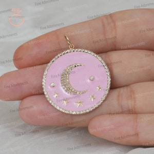 Solid 14k Yellow Gold Disc Pendant Handmade Pave Diamond Moon Star Jewelry Gift For Her Diamond Charm Gold Enamel Round Disc Pendant 25MM