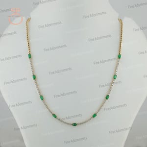 Natural Emerald Gemstone Solid 14k Yellow Gold Tennis Necklace Genuine Diamond Tennis Fine Jewelry Wedding Gift Dainty Gold Diamond Necklace