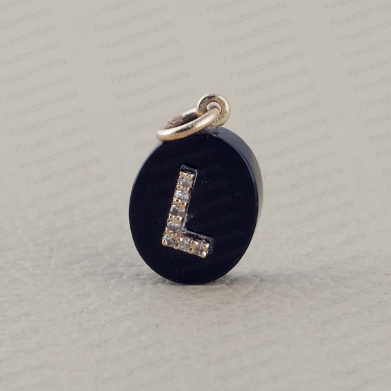 Black Onyx Gemstone Pave Diamond Pendant 14k Yellow Gold Initial