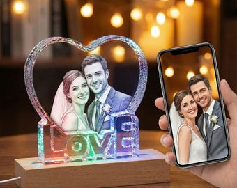 Custom 3D Photo Heart Crystal – Personalized Anniversary Gift with LED Base