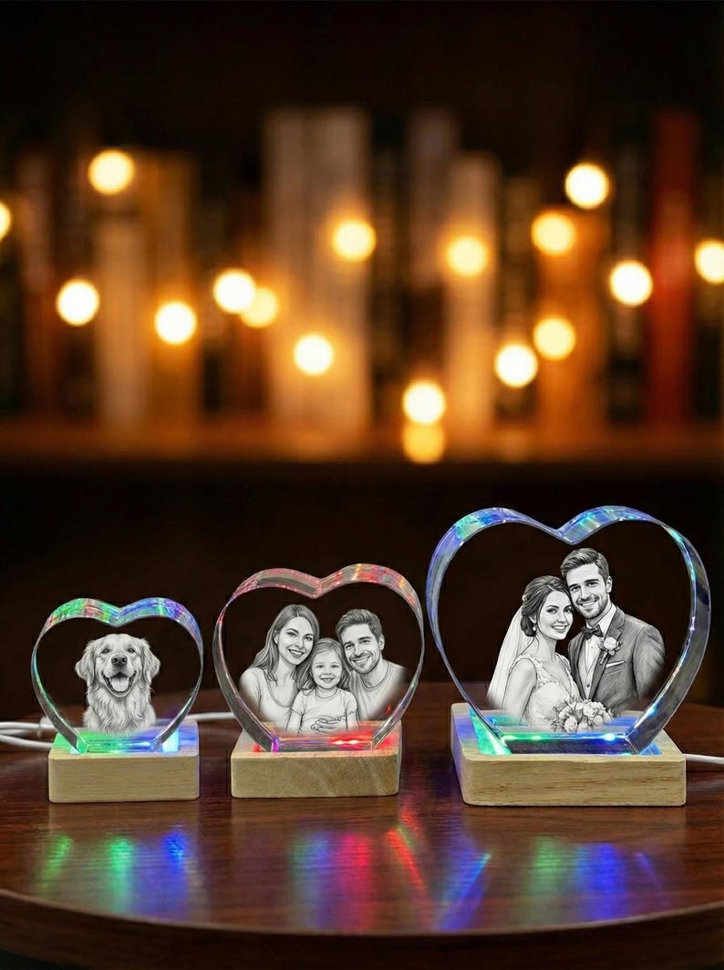 Personalized 3D Photo Heart Crystal, Laser Engraved Portrait, LED Base ...