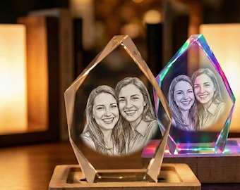 Personalized 3D Crystal Photo Portrait with LED Light Base, Laser Engraved Gift