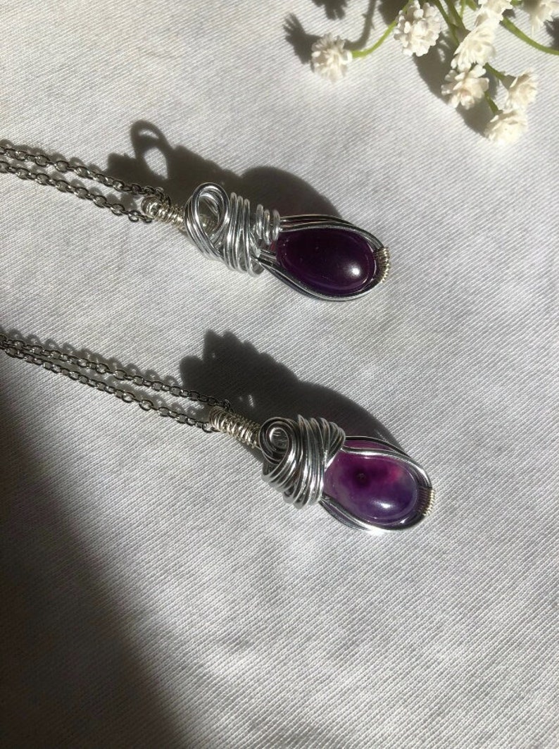 Purple Agate Necklace Natural Stone Handmade Jewelry Cabochon Gift Natural Crystals Aesthetic image 1