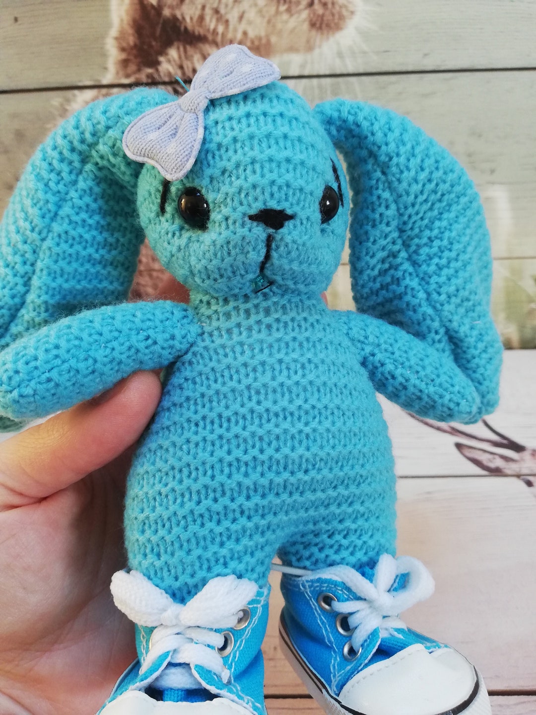 Cute Blue Crochet Long Eared Bunny With Cool Canvas Shoes and a Knitted