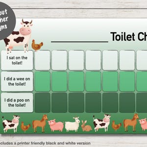 Könnte beinhalten: Eine farbenfrohe Toilettentafel mit Bauernhoftieren. Die Tafel zeigt eine Kuh, ein Huhn und ein Schwein, mit dem Text "Toilet Chart" oben. Es gibt Felder zum Verfolgen des Fortschritts und den Text "Instant PDF Download".