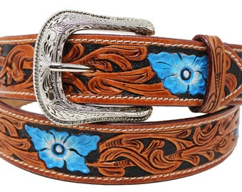 Handmade Western full grain Leather belt Engraved Tooled Strap