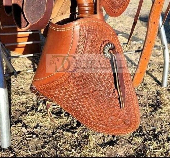 Handmade Rough Out Leather Tapaderos Stirrups For Western Saddles - Pair, Tooled Leather With Bull Nose Design