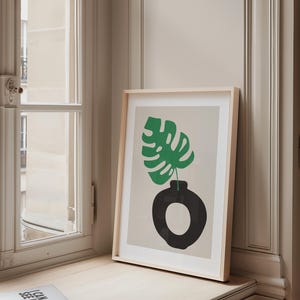 Póster de jarrón de cerámica bohemio / Impresiones modernas / Arte cerámico minimalista / Impresión de arte mural de cocina / Decoración de pared con hojas de monstera / Decoración bohemia para el hogar