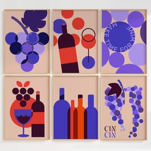 Wine Wall Art Set of 6 Prints | Wine Party Poster Bundle | Retro Minimalist Wine Wall Art | Wine Tasting Printable Decor | Cin Cin Poster