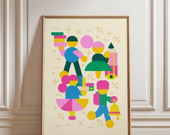 Poster colorato per la classe dei bambini, stampabile per il ritorno a scuola, stile piatto colorato per bambini con libri e matite, stravagante decorazione murale per la cameretta dei bambini