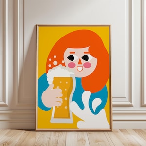 Retro Beer Wall Art | Oktoberfest Poster | Craft Beer Bar Decor | Beer Festival Print | Woman with Pint Glass | Beer Lover Gift