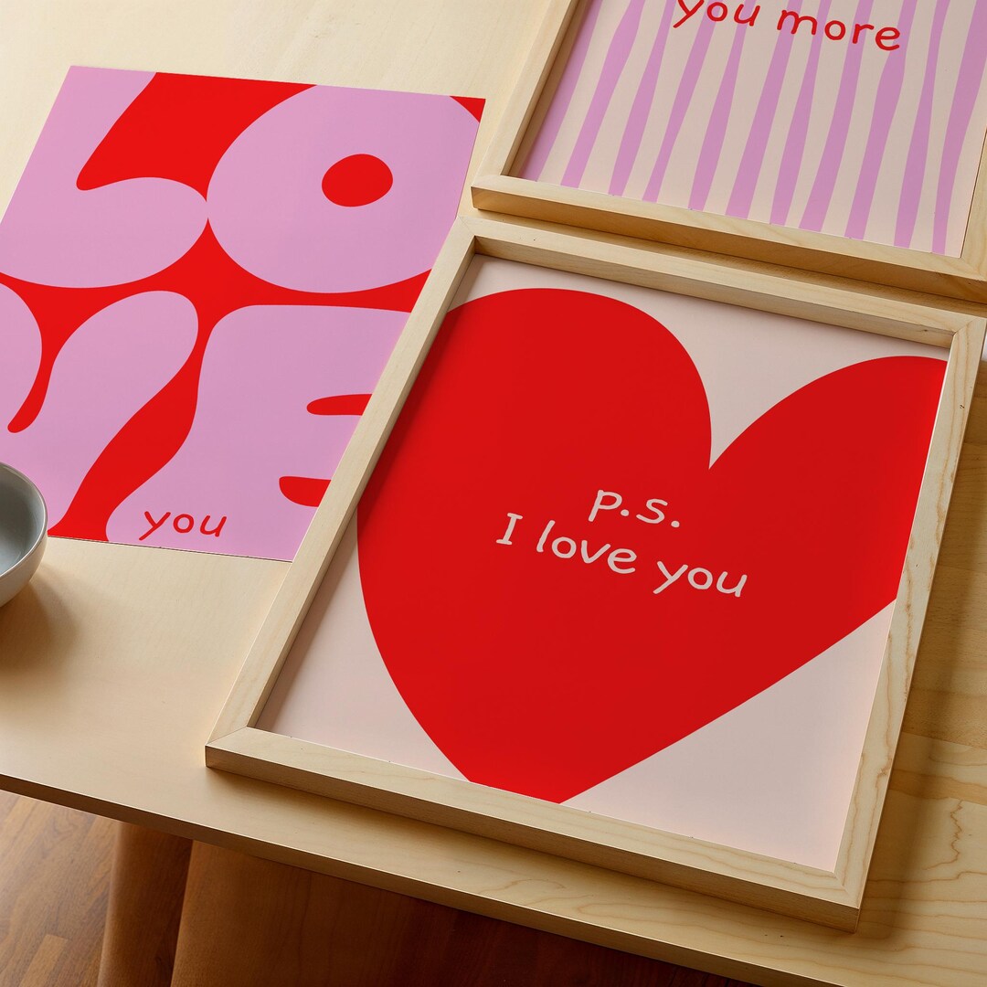 Retro Love Print Set, 70s Pink Red Typography, Valentine’s Day Decor ...