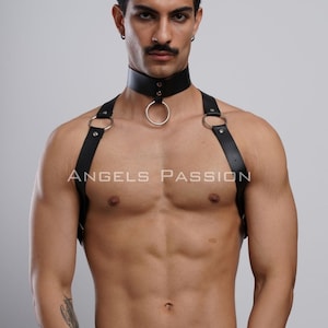 Men’s Vegan Leather Chest Harness and Choker Set – Handmade Custom Fit – Festival, Rave, Clubwear – Plus Size Options