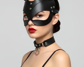 Sexy Leather Cat Mask and Choker Set for Women - Harness Costume, Leather Choker, Cosplay Accessories