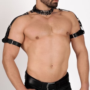 Men&#39;s Leather Chest, Arm, and Shoulder Harness - Plus Size Options - Kinky Leather Outfit for Men - Clubwear