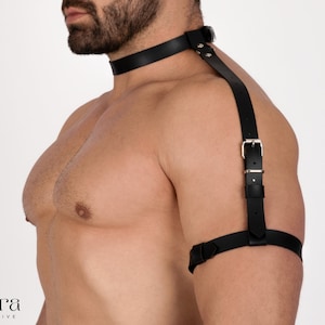 Stylish Men&#39;s Leather Shoulder and Arm Harness - Plus Size Options - Edgy Leather Outfit for Men