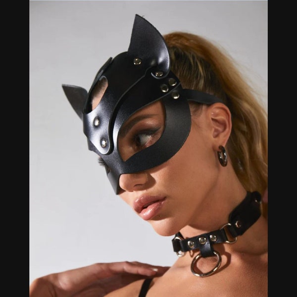 Damen Leder Katzenmaske & Halsband Set: Verstellbar, Harness, Leder Maske, Leder Halsband, Harness Kostüm, Catwomen Maske