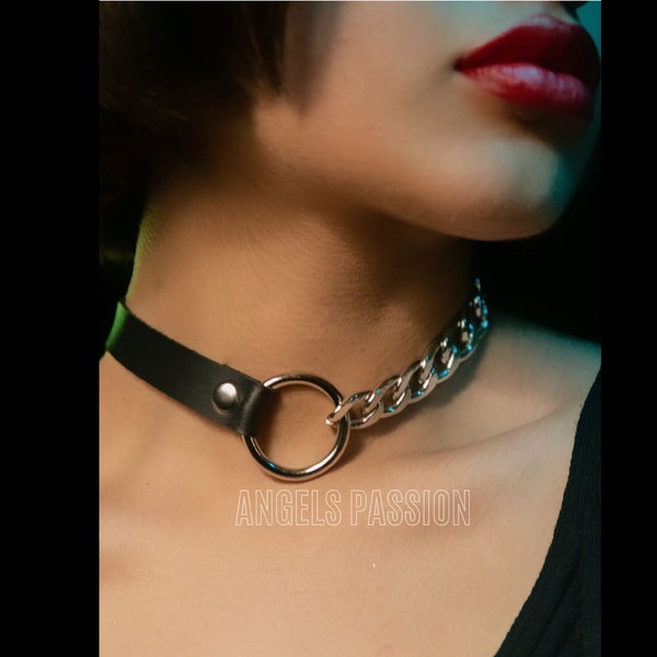 Women's Leather Statement Choker Necklace with Chain and Ring Detail - Stylish Gift for Her - Plus Size Harness