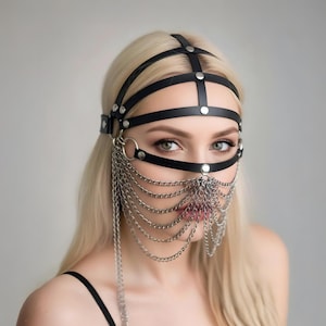 Women’s Chain Detailed Vegan Leather Face Mask – Gothic Fashion Headpiece & Photoshoot Accessory image 1