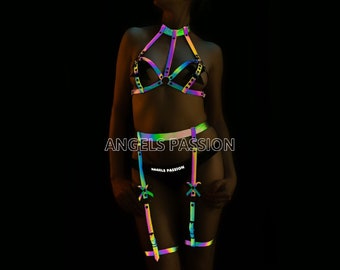 Glow in the Dark Rainbow Reflective Harness - Perfect for Festivals and Club Wear, Plus Size Options