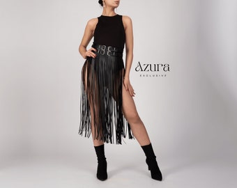 High Waist Long Leather Fringe Skirt Harness for Women - Festival Clothing - Rave Outfit - Plus Size Options