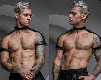 Men's Leather Arm and Shoulder Harness - Plus Size Options - Edgy Leather Outfit for Men