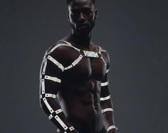 Glow In The Dark Reflective Chest Shoulder and Arm Harness for Men - Clubwear - Rave Clothing - Plus Size Options - Partywear