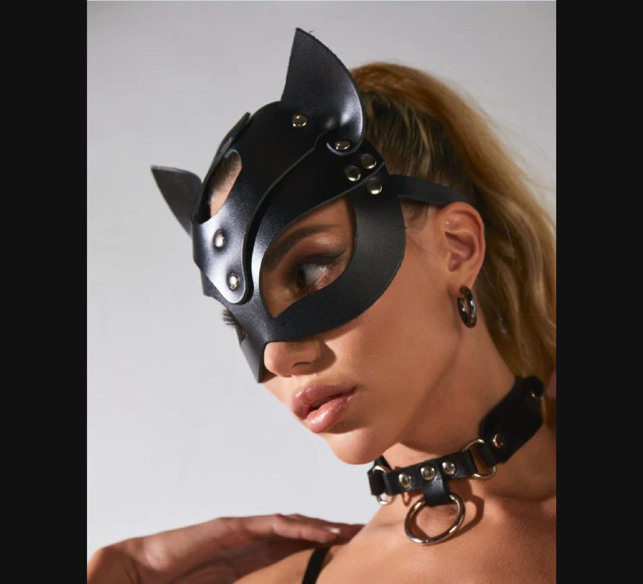 Women's Leather Cat Mask & Choker Set: Adjustable, Harness, Leather Mask, Leather Choker, Harness Costume