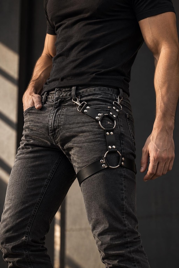 Men’s Vegan Leather Thigh Harness, Black Leg Harness with O Rings, Gothic Rave Accessory