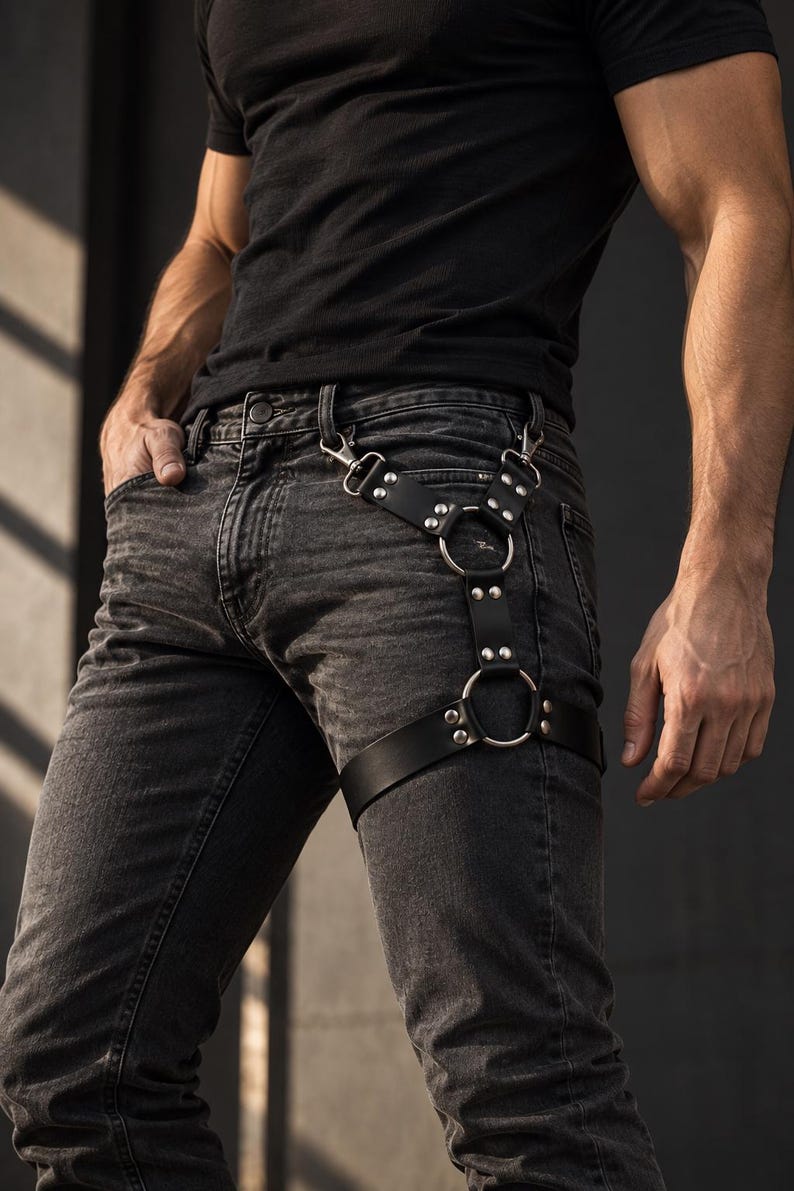 May include: A black leather leg harness featuring silver-toned metal rings and rivets. The accessory attaches to belt loops with two metal clips, connecting to a central ring and a lower thigh strap, creating a structured geometric design.