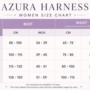 Puede incluir: Tabla de tallas para arneses Azura, que muestra las medidas de busto y cintura en cent&iacute;metros y pulgadas. La tabla incluye tallas S/M, L/XL, 2XL/3XL y 4XL/5XL, con medidas de busto de 85-150 cm (34-59 pulgadas) y cintura de 65-115 cm (25-45 pulgadas).