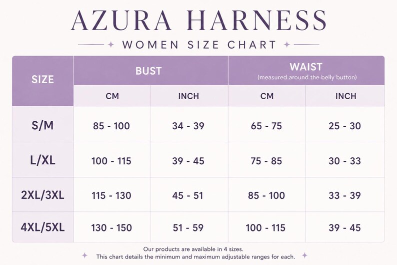 Puede incluir: Tabla de tallas para arneses Azura, que muestra las medidas de busto y cintura en cent&iacute;metros y pulgadas. La tabla incluye tallas S/M, L/XL, 2XL/3XL y 4XL/5XL, con medidas de busto de 85-150 cm (34-59 pulgadas) y cintura de 65-115 cm (25-45 pulgadas).