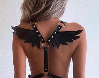Women's Angel Wings Leather Chest Harness -  Plus Size Options - Rave Outfits - Festival Clothing