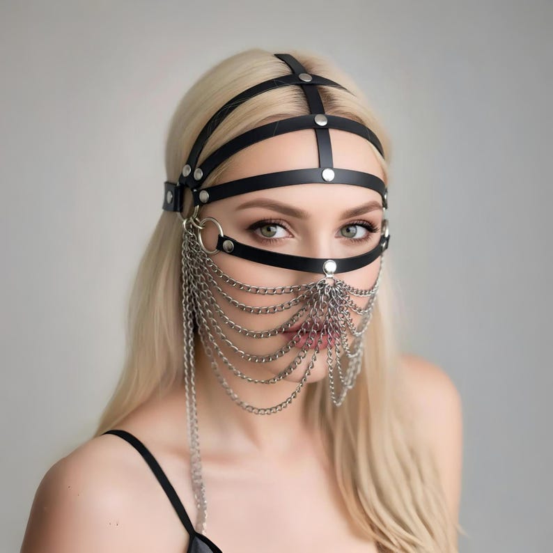 Women’s Chain Detailed Vegan Leather Face Mask – Gothic Fashion Headpiece & Photoshoot Accessory image 1