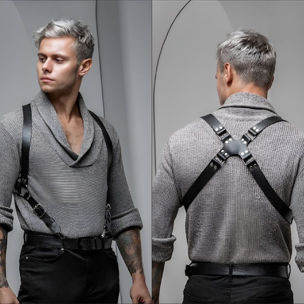 Men's Premium Vegan Leather Chest Harness Suspenders - Plus Size Options
