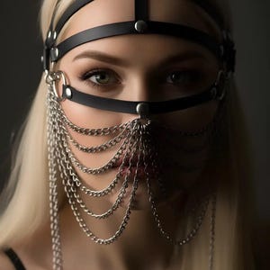 Women’s Chain Detailed Vegan Leather Face Mask – Gothic Fashion Headpiece & Photoshoot Accessory image 2