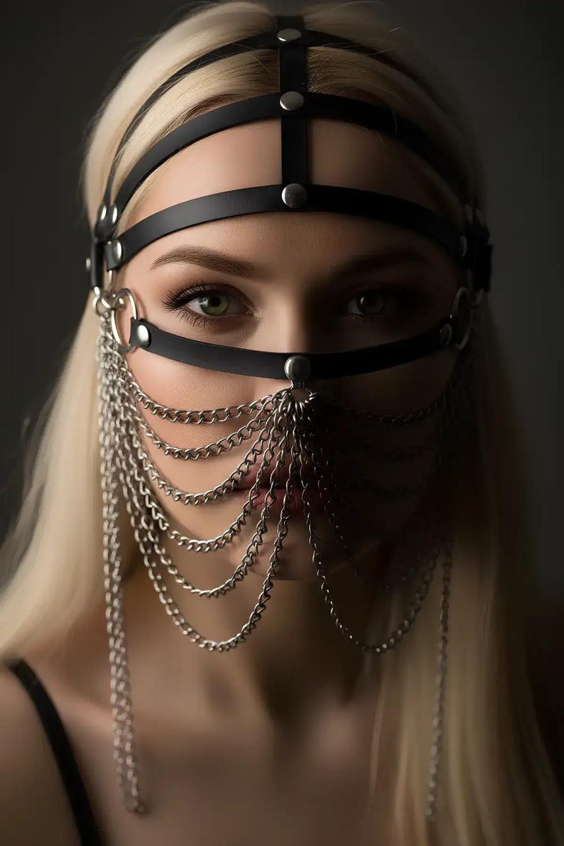 Women’s Chain Detailed Vegan Leather Face Mask – Gothic Fashion Headpiece & Photoshoot Accessory image 2