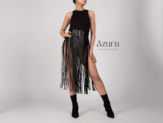 High Waist Long Leather Fringe Skirt Harness for Women - Festival Clothing - Rave Outfit - Plus Size Options