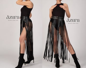 Women's Leather Long Fringe Harness Skirt - Boho Style - Festival Clothing - Plus Size Options