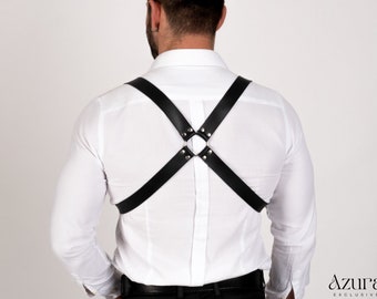 Men's Leather Chest Harness Suspenders - X Back Design - Plus Size Options - Leather Outfit Accessory for Men