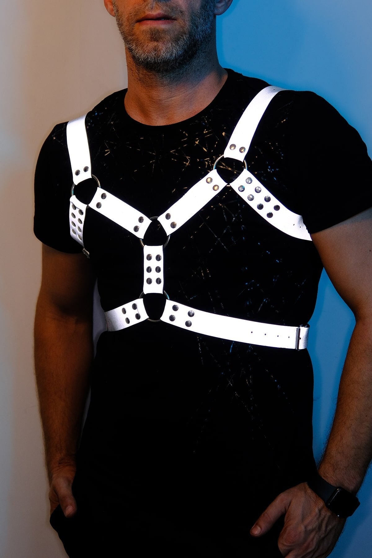 Glow In The Dark Reflective Men's Leather Chest Harness - Clubwear - Rave Outfits - Techno Party Harness - Plus Size Options