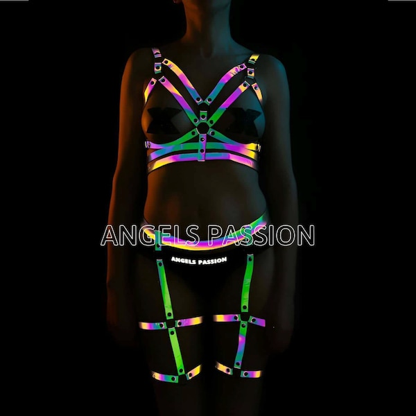 Glow in the Dark Rainbow Reflective Harness - Perfect for Festivals and Club Wear - Plus Size Options - Neon Harness