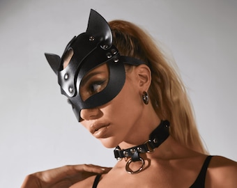 Sexy Leather Cat Mask and Choker Set for Women - Harness Costume, Leather Choker, Cosplay Accessories