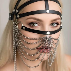 Women’s Chain Detailed Vegan Leather Face Mask – Gothic Fashion Headpiece & Photoshoot Accessory image 3